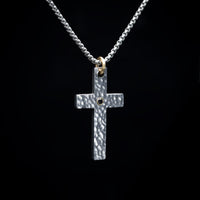 Stainless Steel and Black Diamond Hammered Christian Cross Pendant and Chain
