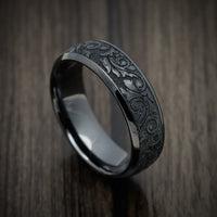 Black Titanium or Black Zirconium Custom Men's Ring with Vintage Floral Design