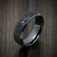Black Titanium or Black Zirconium Custom Men's Ring with Vintage Floral Design
