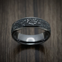 Black Titanium or Black Zirconium Custom Men's Ring with Vintage Floral Design