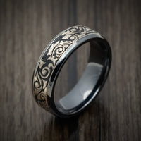 Black Titanium or Black Zirconium Custom Men's Ring with a Vintage Floral Design on a Silver Inlay