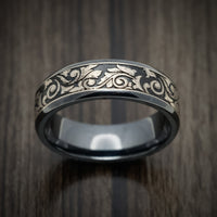 Black Titanium or Black Zirconium Custom Men's Ring with a Vintage Floral Design on a Silver Inlay