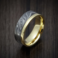 Yellow Gold Men's Ring with Marble Kuro Damascus Steel Inlay