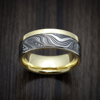 Yellow Gold Men's Ring with Marble Kuro Damascus Steel Inlay