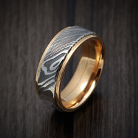Rose Gold Men's Ring with Woodgrain Kuro Damascus Steel Inlay