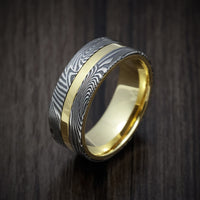 18K Gold Men's Ring with Sunset Kuro Damascus Steel Inlays