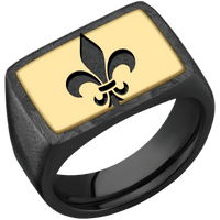 Large Horizontal Rectangle signet ring (20x14.5mm) in Zirconium, with a Wide style band, a 14K Yellow Gold inlay and a Fleur De Lis engraving.
