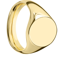 Medium Oval signet ring (16x13mm) in 18K Yellow Gold, with a Wide style band.