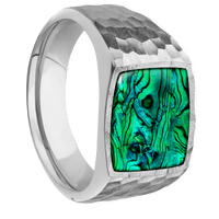 Medium Cushion signet ring (14x14mm) in Palladium Silver, with a Wide style band, a Green Abalone inlay.