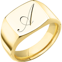 Medium Cushion signet ring (14x14mm) in 10K Yellow Gold, with a Wide style band and a Kunstler Script 1 engraving.