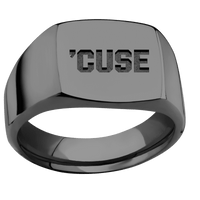 Medium Cushion signet ring (14x14mm) in Zirconium, with a Wide style band and a Syracuse Cuse Wordmark engraving.