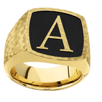 Large Cushion signet ring (18x18mm) in 10K Yellow Gold, with a Wide style band and a Book Antiqua 1 Rev engraving.