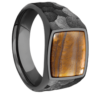 Medium Cushion signet ring (14x14mm) in Zirconium, with a Wide style band, a Tigers Eye inlay.