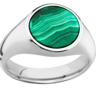 Medium Circle signet ring (14mm) in Palladium Silver, with a Wide style band, a Malachite inlay.