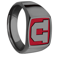 Medium Cushion signet ring (14x14mm) in Zirconium, with a Wide style band and an Utah Block U Rev engraving.