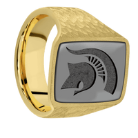 Large Rectangle signet ring (20x14.5mm) in 18K Yellow Gold, with a Wide style band, a Zirconium inlay and a Michigan State Spartan Helmet engraving.