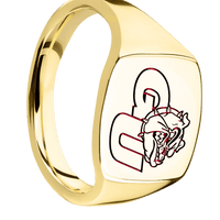Medium Cushion signet ring (14x14mm) in 10K Yellow Gold, with a Thin style band and a Gonzaga GU Bulldog engraving.