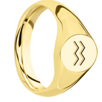 Small Oval signet ring (12x9mm) in 18K Yellow Gold, with a Wide style band and an Aquarius engraving.