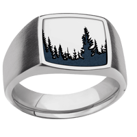 Medium Cushion signet ring (14x14mm) in Titanium, with a Wide style band, a Platinum inlay and a Trees engraving.