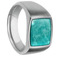 Medium Cushion signet ring (14x14mm) in Titanium, with a Wide style band, an Amazonite inlay.