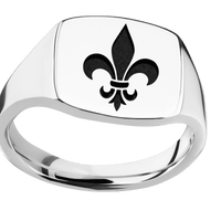 Medium Cushion signet ring (14x14mm) in Palladium Silver, with a Thin style band and a Fleur De Lis engraving.