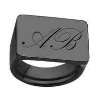 Extra Large Horizontal Rectangle signet ring in Zirconium, with a Wide style band and a Kunstler Script 2 engraving.