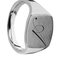 Medium Cushion signet ring (14x14mm) in Titanium, with a Thin style band and a Kunstler Script 1 engraving.