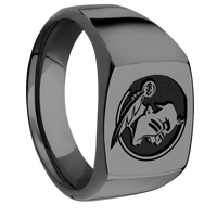 Medium Cushion signet ring (14x14mm) in Zirconium, with a Wide style band and a Florida State Seminole Head engraving.