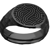 Medium Horizontal Oval signet ring (16x13mm) in Zirconium, with a Wide style band and an Abstract 1 engraving.
