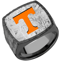 Extra Large Cushion signet ring (22x22mm) in Zirconium, with a Wide style band, a Meteorite inlay and a Tennessee Power T engraving.