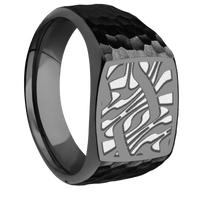 Medium Cushion signet ring (14x14mm) in Zirconium, with a Wide style band and an Escher 1 engraving.