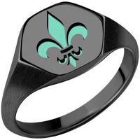 Medium Hexagon signet ring (13.9x12mm) in Zirconium, with a Thin style band and a Fleur De Lis engraving.
