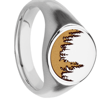Medium Circle signet ring (14mm) in Palladium Silver, with a Wide style band and a Trees engraving.
