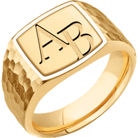Medium Cushion signet ring (14x14mm) in 14K Yellow Gold, with a Wide style band, a 14K Yellow Gold inlay and a Book Antiqua 2 engraving.