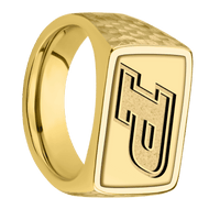 Large Horizontal Rectangle signet ring (20x14.5mm) in 14K Yellow Gold, with a Wide style band, a 18K Yellow Gold inlay and a Purdue Motion P engraving.