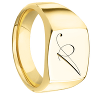 Medium Cushion signet ring (14x14mm) in 10K Yellow Gold, with a Wide style band and a Kunstler Script 1 engraving.