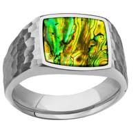 Medium Cushion signet ring (14x14mm) in Titanium, with a Wide style band, a Neon Abalone inlay.