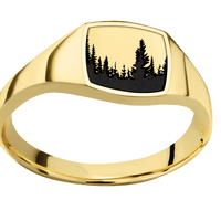 Small Cushion signet ring (10x10mm) in 18K Yellow Gold, with a Thin style band, a 14K Yellow Gold inlay and a Trees engraving.