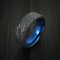 Damascus Steel Men's Ring with Rock Hammer Finish and Anodized Titanium Sleeve Custom Made