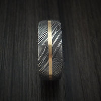 Kuro Damascus Steel Ring with 14K Yellow Gold Inlay and Jack Daniels Whiskey Barrel Wood Hardwood Sleeve Custom Made Wood Band