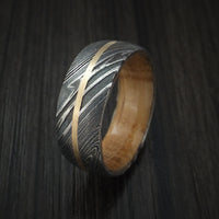 Kuro Damascus Steel Ring with 14K Yellow Gold Inlay and Jack Daniels Whiskey Barrel Wood Hardwood Sleeve Custom Made Wood Band