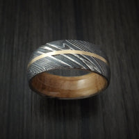 Kuro Damascus Steel Ring with 14K Yellow Gold Inlay and Jack Daniels Whiskey Barrel Wood Hardwood Sleeve Custom Made Wood Band