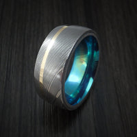 Damascus Steel Ring with 14K Yellow Gold Inlay and Anodized Titanium Interior Sleeve Custom Made Band