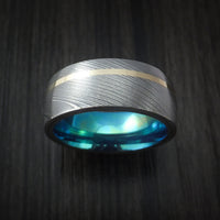 Damascus Steel Ring with 14K Yellow Gold Inlay and Anodized Titanium Interior Sleeve Custom Made Band