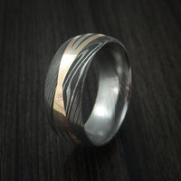 Damascus Steel Ring with Diagonal 14K Gold Inlays Wedding Band Custom Made