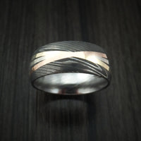 Damascus Steel Ring with Diagonal 14K Gold Inlays Wedding Band Custom Made