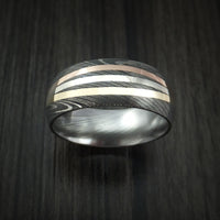 Damascus Steel Ring with Diagonal 14K Gold Inlays Wedding Band Custom Made