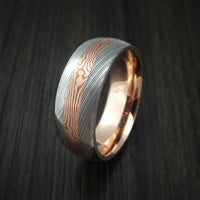 Damascus Steel and Mokume Ring with Rose Gold Sleeve Wedding Band Custom Made