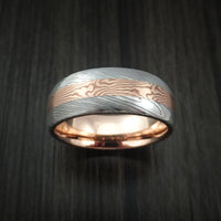 Damascus Steel and Mokume Ring with Rose Gold Sleeve Wedding Band Custom Made