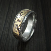 Damascus Steel Ring with 18K Yellow Gold Shakudo Mokume Custom Made Band